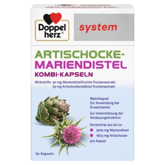Abbildung der Produktverpackung Doppelherz system ARTISCHOCKE-MARIENDISTEL KOMBI-KAPSELN Frontansicht